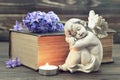 Guardian angel, burning candle and hyacinth flower on the book Royalty Free Stock Photo