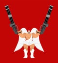 Guardian angel and Minigun. Warrior archangel and Gattling gun. Battle saint patron