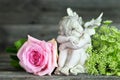 Guardian angel and pink rose on wooden background