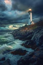 The guardian of the coast, a lighthouse, shines through the wrath of an ocean storm