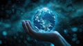 Guardian of Global Privacy, Hand Protecting Holographic Globe with Data Streams Shielded by Translucent Barrier