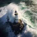 Guardian of the Storm: Resilient Lighthouse Braving a Ferocious Wave on the Cliff Royalty Free Stock Photo