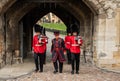 Guards changing ceremony in the historic Tower of London where Royal jewelry collection held.
