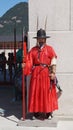 Guardsman guards stand watch during the ceremonial guard change at Gyeongbokgung. Seoul, South Korea.