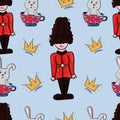 Guardsman and Rabbit or Hare Seamless pattern in English royal style, British Flag. Vector Endless texture