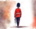Guardsman of royal palace. Beefeater. People of London. Watercolour isolated illustration on white background. Postcard