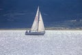 Beautiful shot for a cool day view at the small boat sailing in lake in Guatavita, Colombia