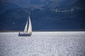 Beautiful shot for a cool day view at the small boat sailing in lake in Guatavita, Colombia