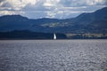 Shot for a cool day view at the small boat sailing in lake in Guatavita, Colombia