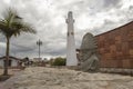 Guatavita native chief monument into waterfont and clock tower Royalty Free Stock Photo