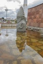 Guatavita native chief sculpture waterfont with water reflect effect