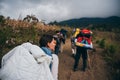 GUATEMALA - January 08: Group of hikers with big backpacks ascending the Acatenango volcano, January 08, 2017 near Antigua,