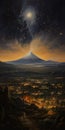 Guatemalan Art Inspired Oil Painting: Majestic Night Sky Over City