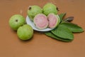 Guava Cross Sections, and Whole Fruits On Leaves