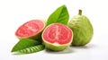 Guava fruits on white background. Whole and halves. Green peel, red flesh. Psidium guajava. Exotic tropical fruit