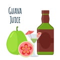 Guava juice, fruit alcohol, flat style. Tropical cocktail, shot, guava slices