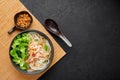 Guay Tiew Gai Cheek or Thai Chicken Noodle Soup in black bowl on dark slate backdrop. Thai food