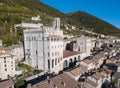 Gubbio, Italy. Drone aerial view of the city center, main square and the historical building called Palazzo dei Consoli