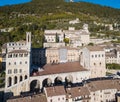 Gubbio, Italy. Drone aerial view of the city center, main square and the historical building called Palazzo dei Consoli