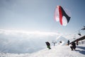 Gudauri, Georgia - March 6, 2017. Winter paragliding in caucasus mountains over high peaks and valley