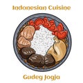 Gudeg jogja with egg, with different types of meat and vegetables. Indonesian traditional food