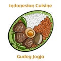 Gudeg jogja with egg, with different types of meat and vegetables. Indonesian traditional food