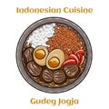 Gudeg jogja with egg, with different types of meat and vegetables. Indonesian traditional food