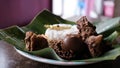 gudeg rice with chicken opor, bacem tofu and pindang eggs. Indonesia food