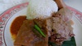 Gudeg Rice with jackfruit cooked with coconut milk, cattle skin, tahu bacem and boiled egg.