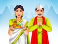 Maharashtrian Marathi Indian young couple illustration performing Gudi Padwa pray in traditional clothes