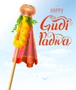 Gudi Padwa handwritten calligraphy text indian holiday. Gold pot and flower garland