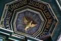 Gudow, Germany, November 13, 2020: Roofing of the pulpit with a wooden carved dove as symbol of the Holy Spirit, St. Mary`s Churc