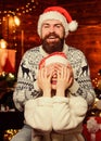 Guess who. Festive spirit. Lovely married couple cuddle christmas tree background. Cheerful mood. Christmas is time for