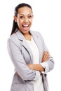 Guess whos just been promoted. Portrait of a beautiful young woman standing in a studio-isolated on white.