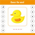 Guess the word. Duck. Bird. Educational worksheet for kids activity. Vector illustration. Logic page for preschool children