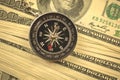 Guessing the dollar rate concept, US currency and compass, busienss background photo