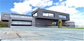 Guest automobile parking area on the concrete slabs pavement in front of the garage inside the contemporary suburban dwelling. 3d