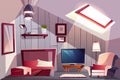 Guest bedroom on attic cartoon vector interior Royalty Free Stock Photo