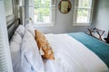 A guest bedroom with a queen sized bed and nightstand at a short term rental small cottage style house