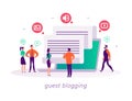 Guest blogging concept with tiny people, laptop and social media review and feedback icons. Royalty Free Stock Photo