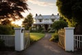 a guest house with an open gate and a meandering footpath