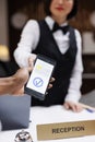 Guest paying with nfc on phone at pos Royalty Free Stock Photo