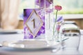 Guest table number. Wedding table in the restaurant Royalty Free Stock Photo