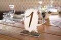 Guest table number. Wedding table in the restaurant. Royalty Free Stock Photo