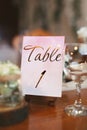 Guest table number. Wedding table in the restaurant. Royalty Free Stock Photo