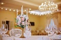 Guest tables with candlestick in rich decorated wedding banquet room Royalty Free Stock Photo