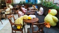 Instead of guests plush figures sit at tables in the cafe during the COVID-19 epidemic. Bekescsaba, Hungary, November 2020