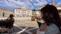 Guests are sitting on the terrace of the cafe, Piran, Obalno-kraska, Slovenia, June 2020