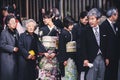 Guests during traditional Japanese wedding ceremony held in the Meiji Jingu Shrine . Royalty Free Stock Photo