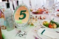 Guests wedding table with sign of number 5 mirror plate Royalty Free Stock Photo